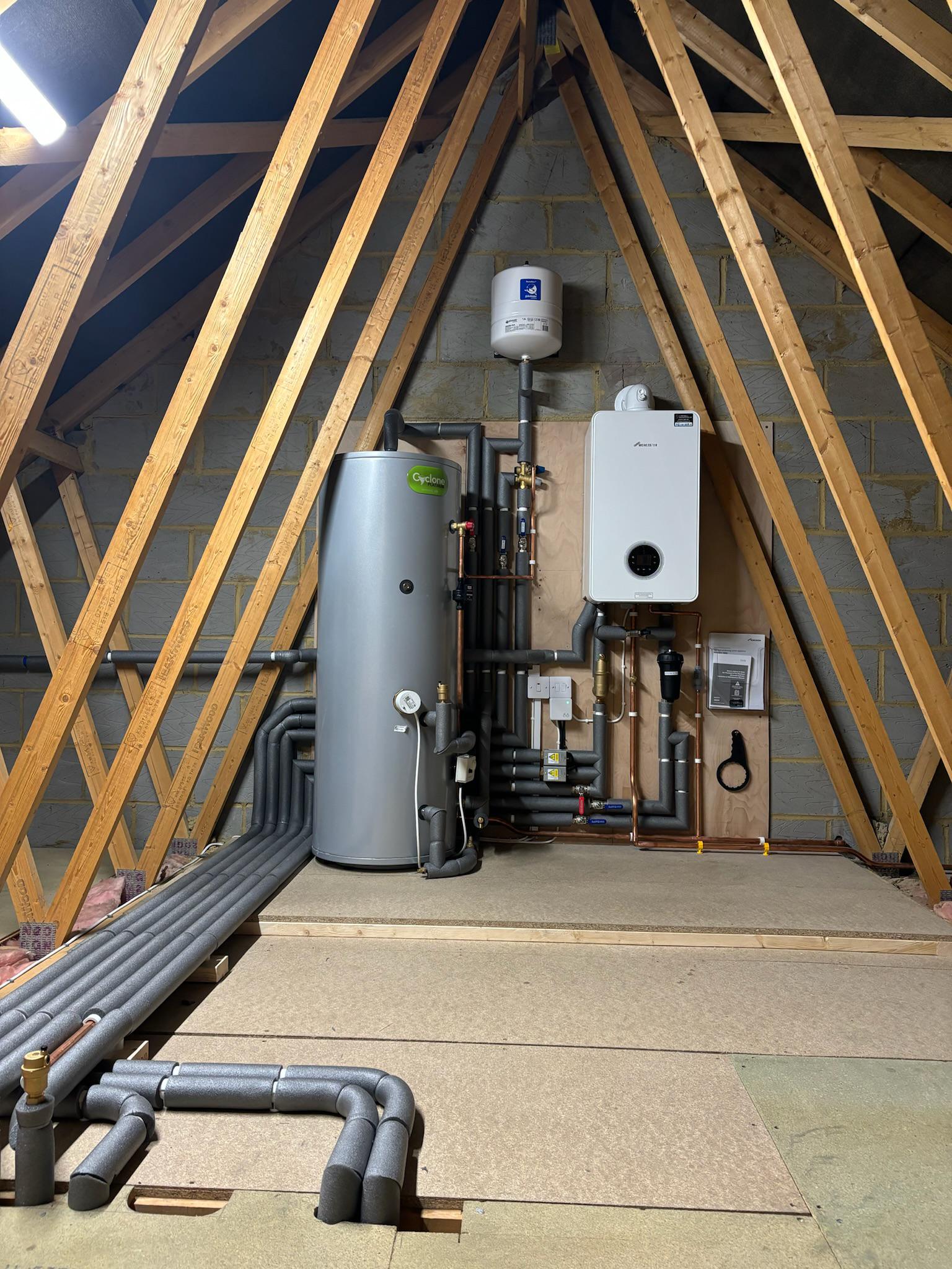 Boiler, cylinder and pipework on site